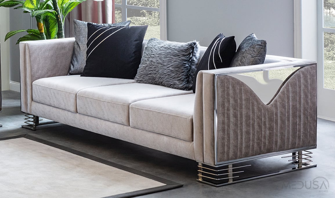 Bella Gümüş Üçlü Koltuk Krem