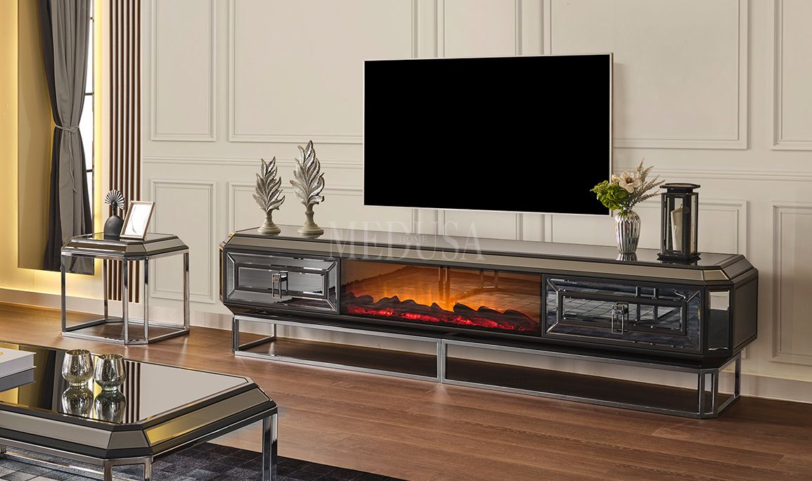 Gucci Antrasit Tv Ünitesi Şömineli